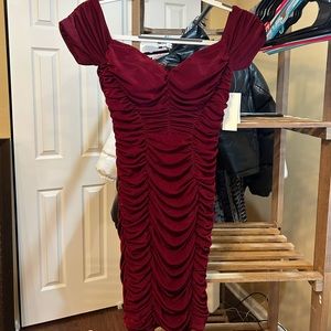 BRAND NEW wine colored sweetheart off the shoulder ruched mini dress